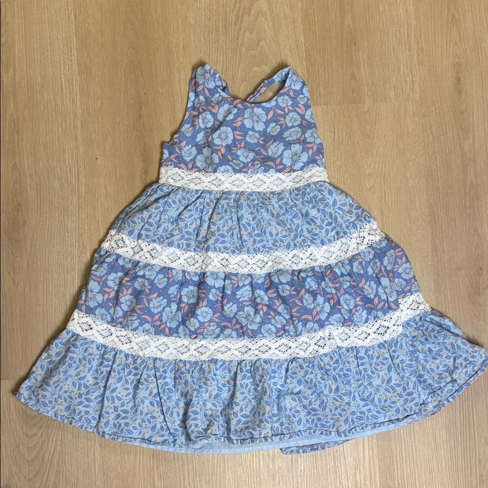 Joie Blue Floral Criss Cross Strap Back Dress w/ White Lace Crochet Details 6/7